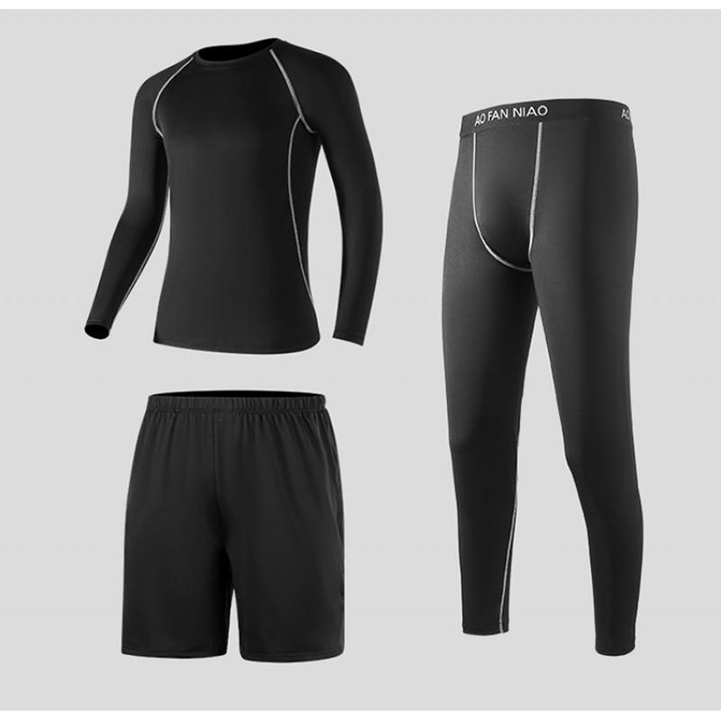 3-delige Atletische Workout Set voor Heren: Sneldrogend Top met Lange Mouwen Leggings Shorts Sportschool Hardlopen Yoga