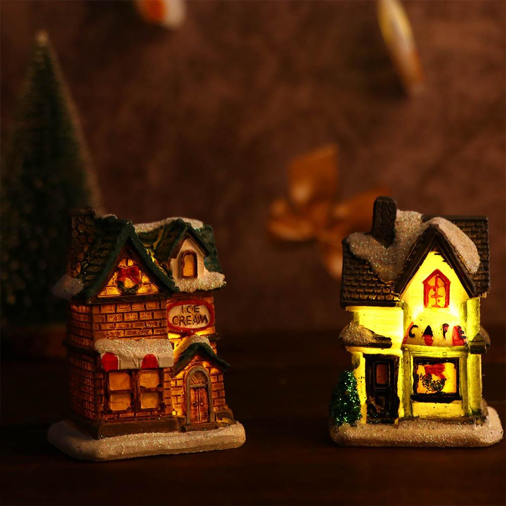 Gift Figurine Mini Miniatures Resin Craft Village House Ornament LED Light Christmas Decoration
