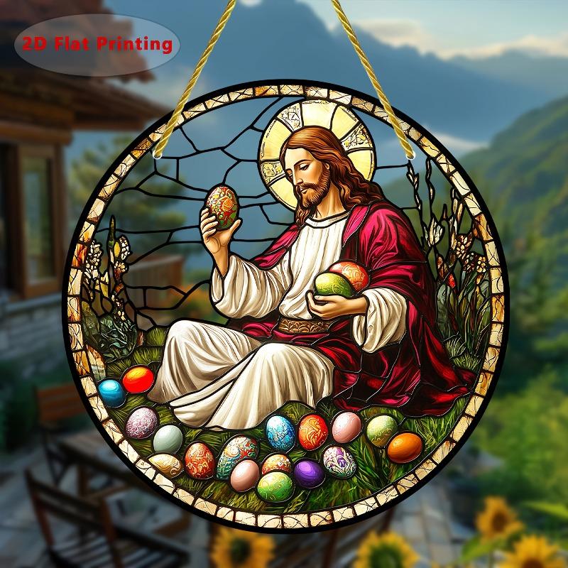 

2D Flat Easter Eggs Round Acrylic Decoration Sign, Jesus, Home Decor Plaque Hanging Wall Art Decorative Garden Decoration for Room Door Signs Hanging 20*20CM