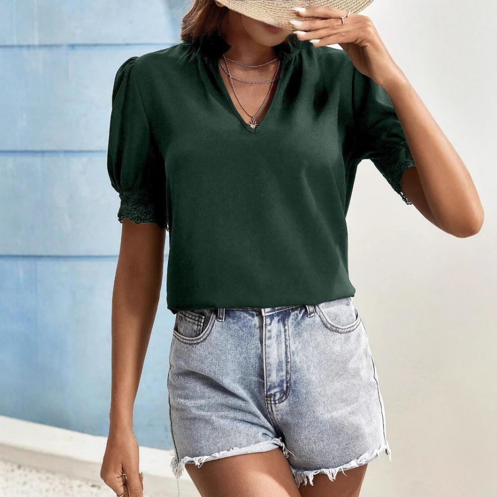 Women's Short-sleeved Tops Summer New Fashion T-shirt Versatile V-neck Shirt Lantern Sleeve Splicing Lace Blouse