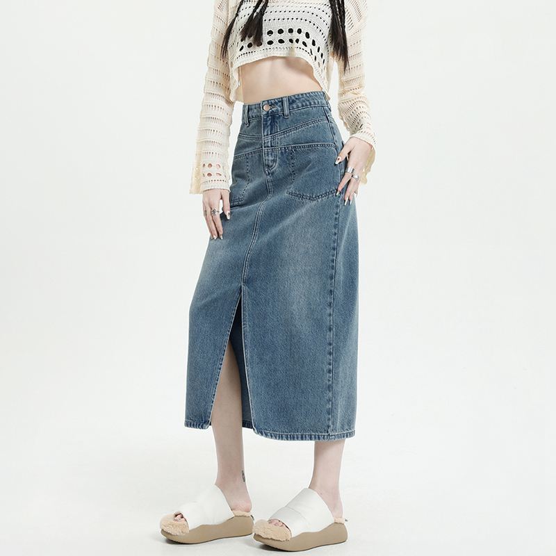 Eleganter Design-Sinn Schlitz-Tasche Damen Vintage Hohe Taille Schlitz Paket Hüfte Mittel Lang A-Linie Vielseitig Bequem Mode Denim Bustier Rock