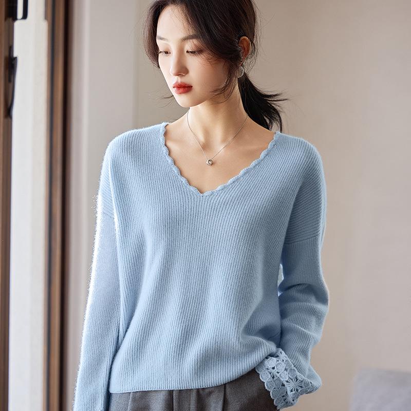 Early Autumn V-Neck Crochet Lace Wool Sweater – 100% Wool, Loose Fit, Long Sleeve for Women
