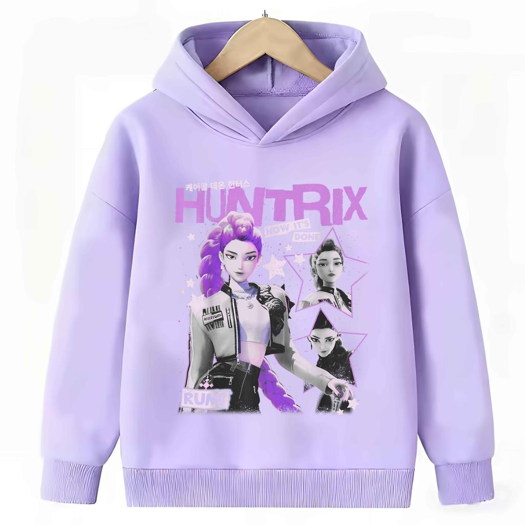 KPop Demon Hunter Cartoon Girls Boy Hooded Sweatshirt Warm Children's Purple Sweatshirt Fashion Casual Tops Girls Clothing