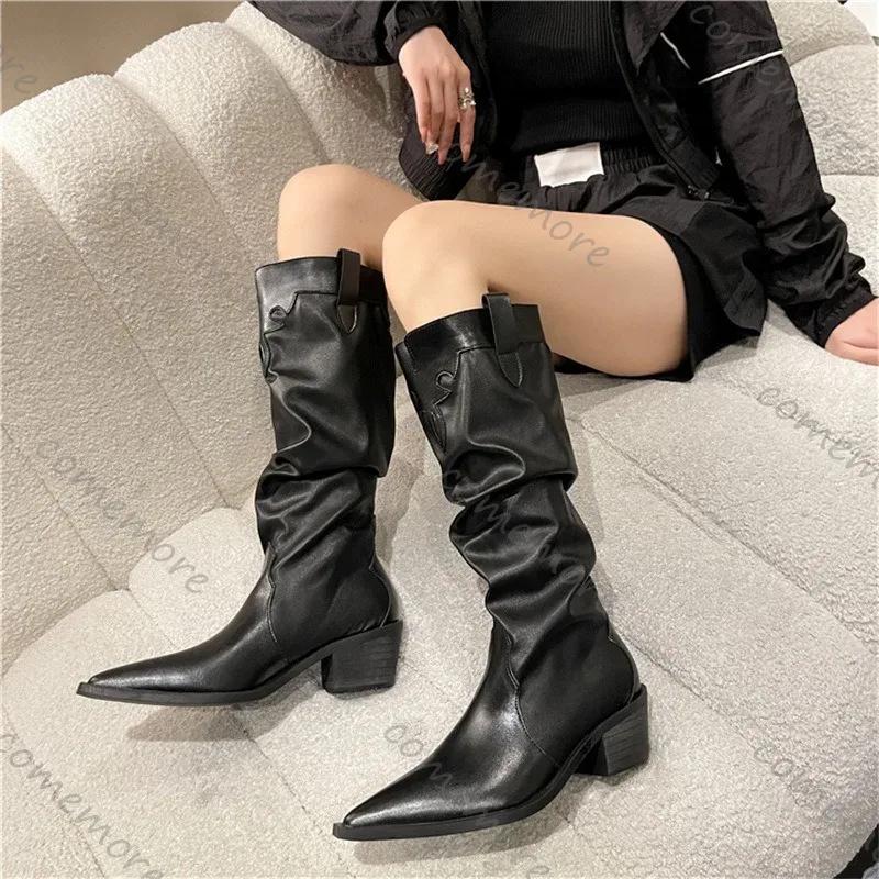 Fashion Comemore Knee High Boots Woman Autumn Slip on Women Shoes Pointed Toe Square Mid Heels Pleated Leather Long Boots Botas De Mujer