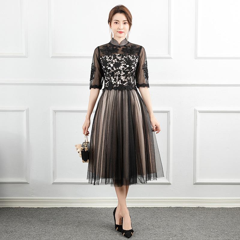 

Spot Dress Stand-up Collar Long Sleeve Lace Dress Dignified Atmospheric Celebrity Evening Dress XS