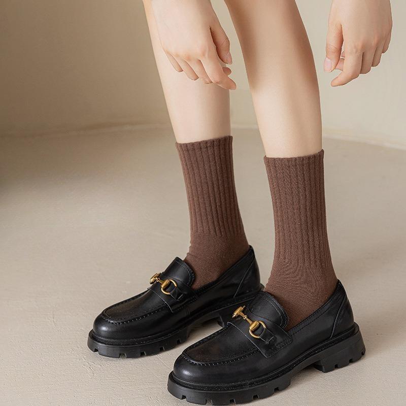 Autumn and Winter Socks Vertical Stripes Solid Color Mid Tube Socks Versatile Boneless Pile Socks Student Sports Long Socks