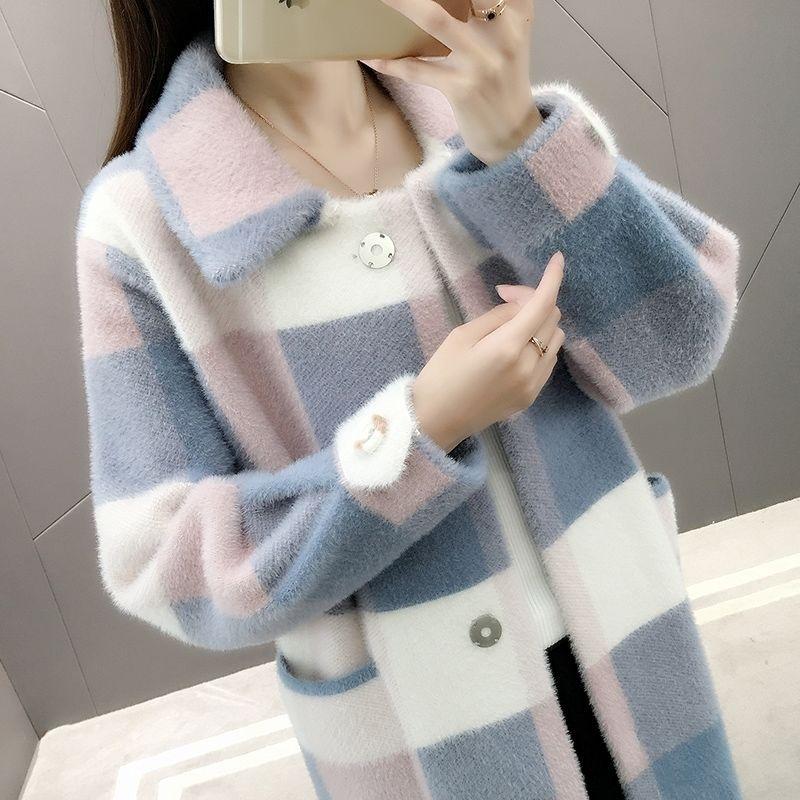 Stylish and Warm: New Spring Collection Faux Mink Fur Collar Over-Knee Loose Plus-Size Knitted Cardigan Coat for Women