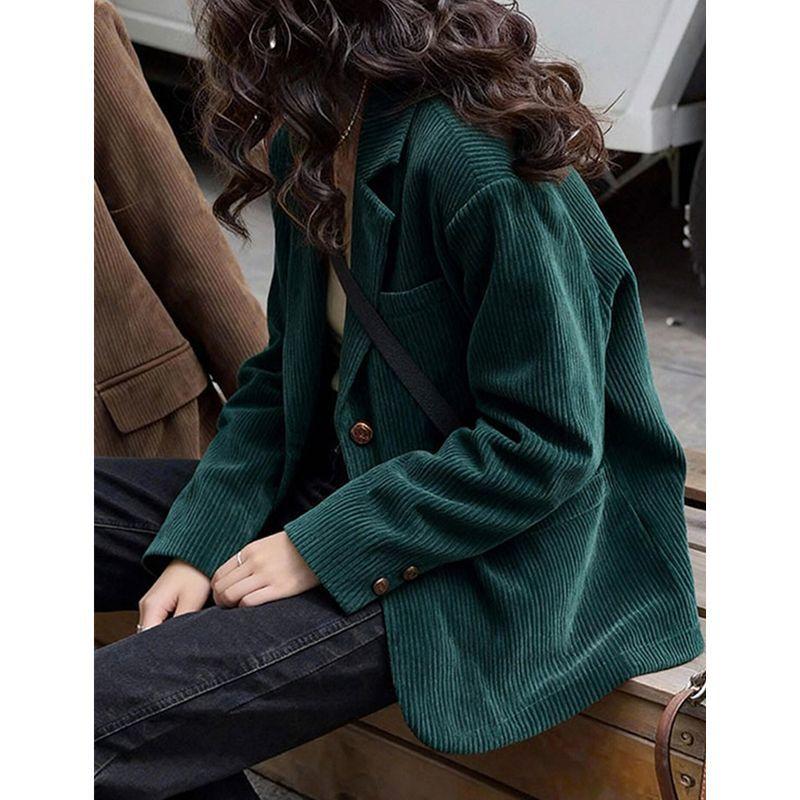 Frühlings-Freizeit-Grüner Cord-Blazer Damen Koreanischer Literarischer Stil Vielseitige Jacke