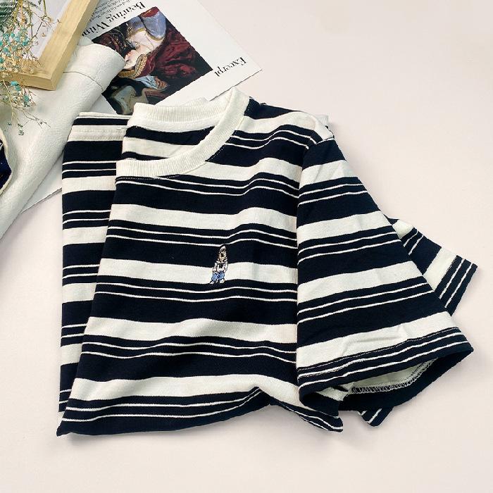 

Textured striped short-sleeved t-shirt women s summer clothes unique chic top Korean fashionable high-end t-shirt embroidery XL