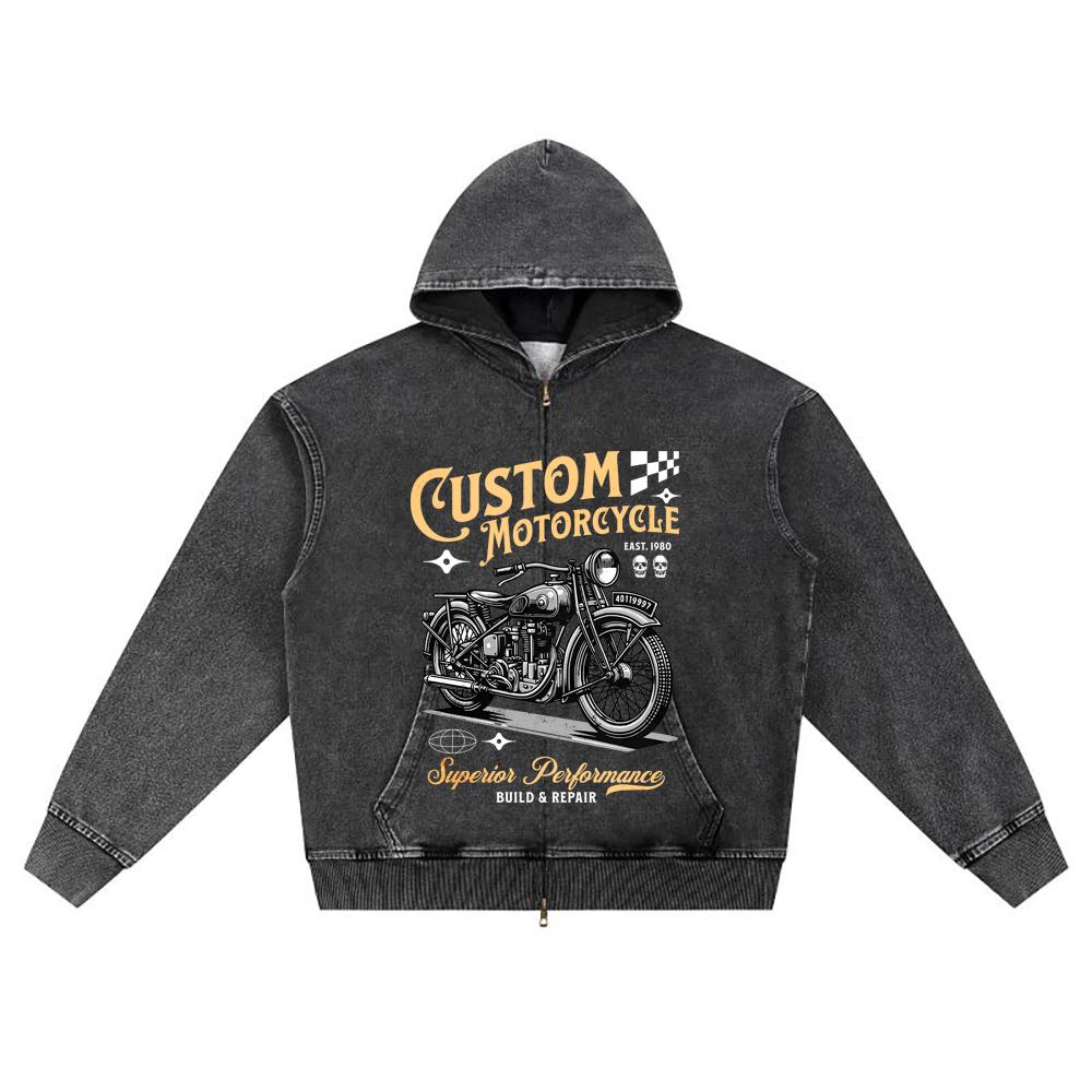 DTG Print Knitted Denim Zip-Up Hoodie Streetwear Motorcycle Brother Print Zipper Hoodies  