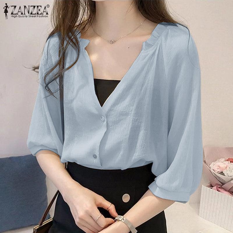 

ZANZEA Женская плиссированная однотонная свободная блузка с v-образным вырезом и оборками, рукавами реглан 1/2