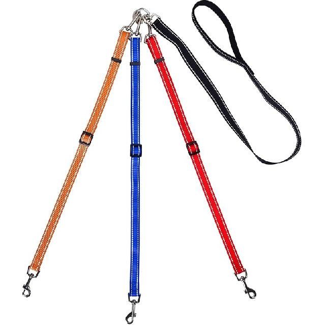 3 Way Dog Leash Reflective Adjustable Coupler No Tangle Detachable 3 in 1 Multiple Dog Leash with Soft Padded Handle for 1 2 3 Dog Pet Cat Puppy 3 way Multi-Color