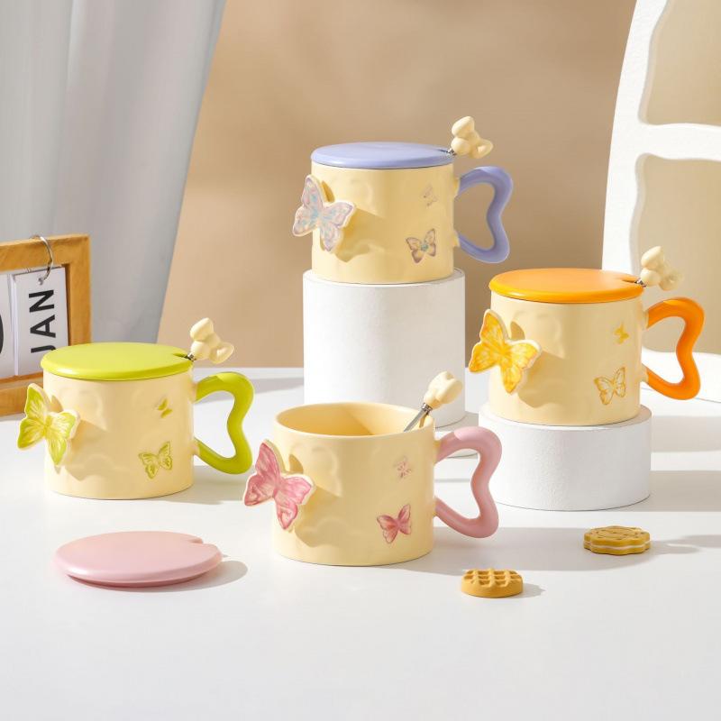 Creative Embossed Butterfly Personalized Ceramic Mug As A Souvenir Coffee Cup with Lid and Spoon High Looking Small Fresh Water Cup