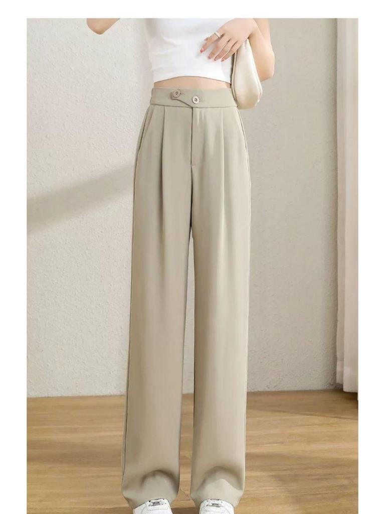 Women's Spring/Summer High Waist Apricot Wide Leg Draping Pants - Loose, Floor-Length, Petite Fit