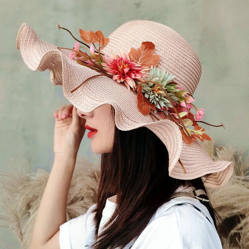 Sommer Damen Strohhut mit Blumen Breiter Rand Welliger Rand Strohhut Panama Hüte Damen Dame Outdoor Faltbare Strand Sonnenkappe