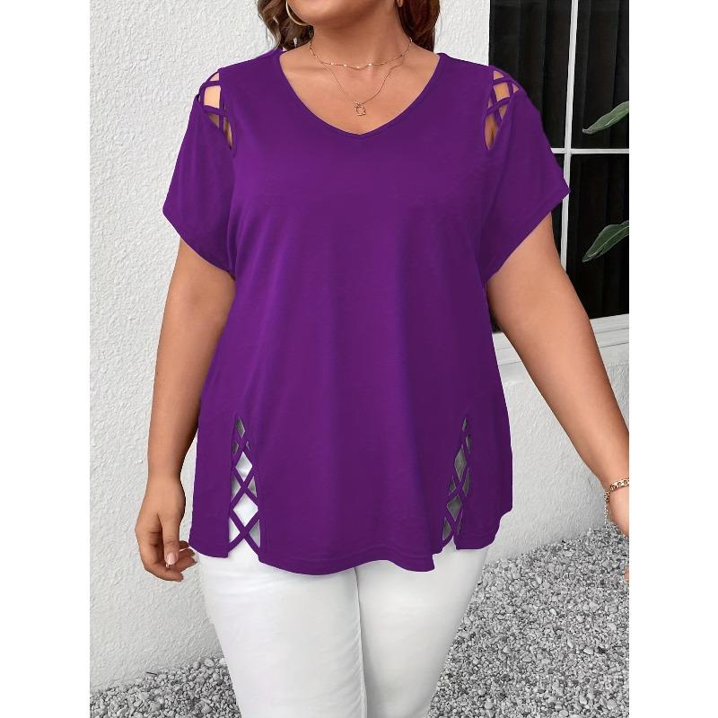 Women's Plus Size T-shirt Summer Sexy V-neck Short Sleeve Loose Casual Women's T-shirts Elegant Fashion Solid Color Office Lady Hollow Tee Tops New