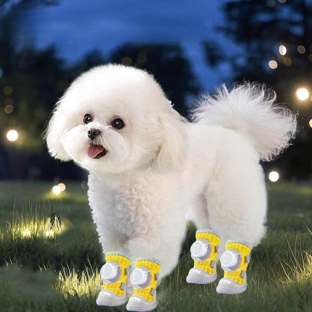 4Pcs/Set Fashion Breathable Button Dog Shoes Anti-slip Reflective Dog Footwear Comfortable Soft Sole Dog Paw Protectors Summer