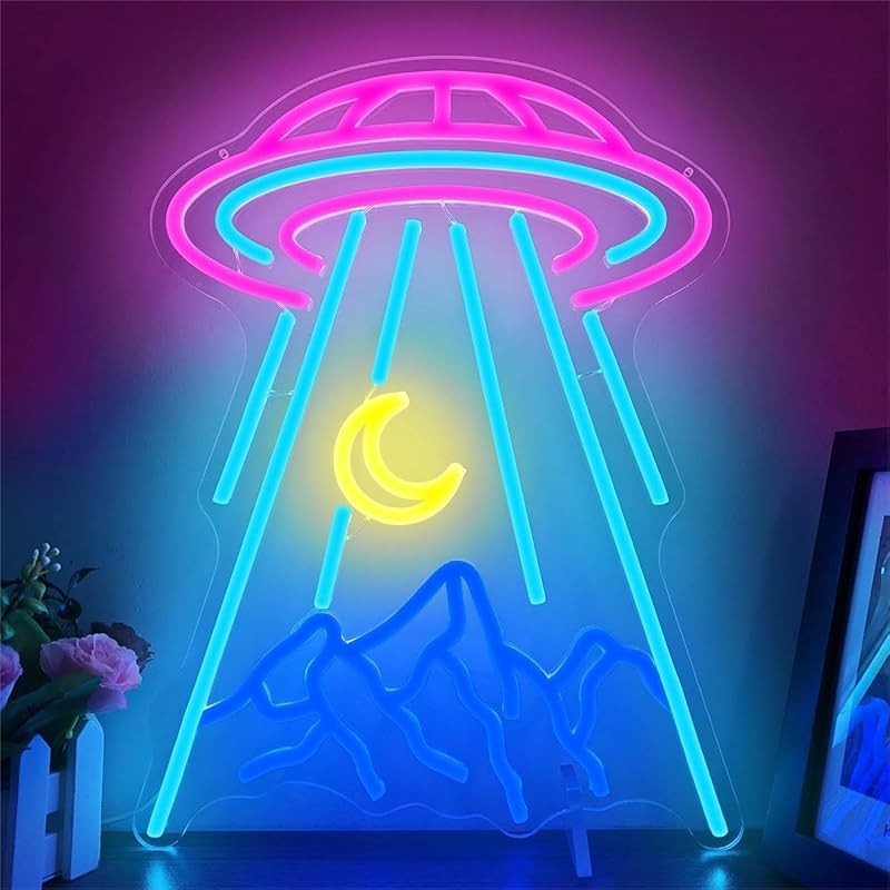 UFO Neon Sign for Wall Decor Alien Spaceship Mountain Neon Sign Dimmable Moon LED Neon Light Signs Light Up Sign for Bedroom Kids Space Game Room