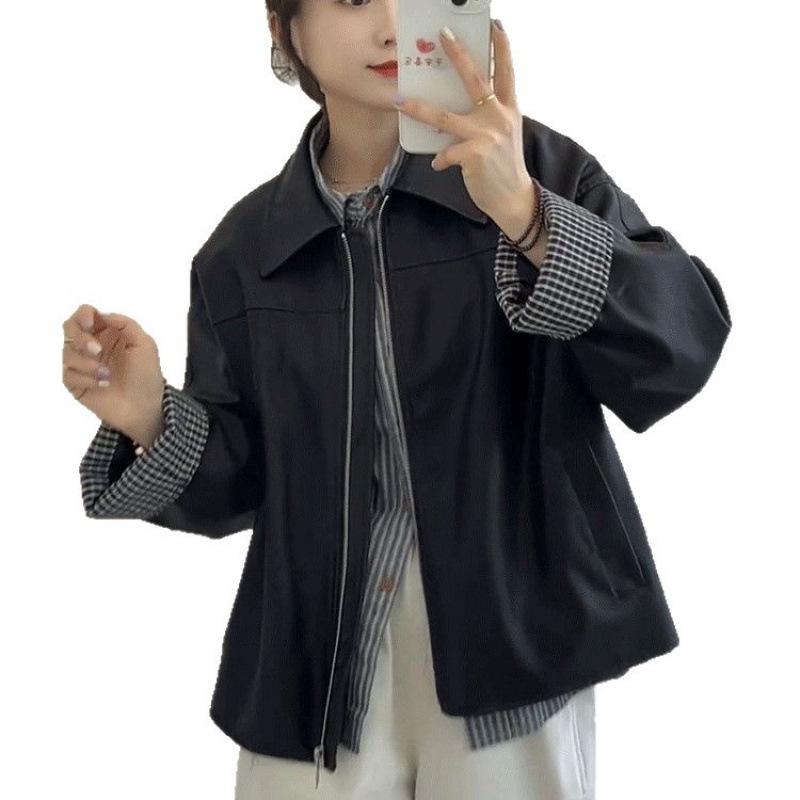 Hochwertiger vielseitiger schwarzer PU-Leder-Jackenmantel für Damen, Frühling/Herbst 2025