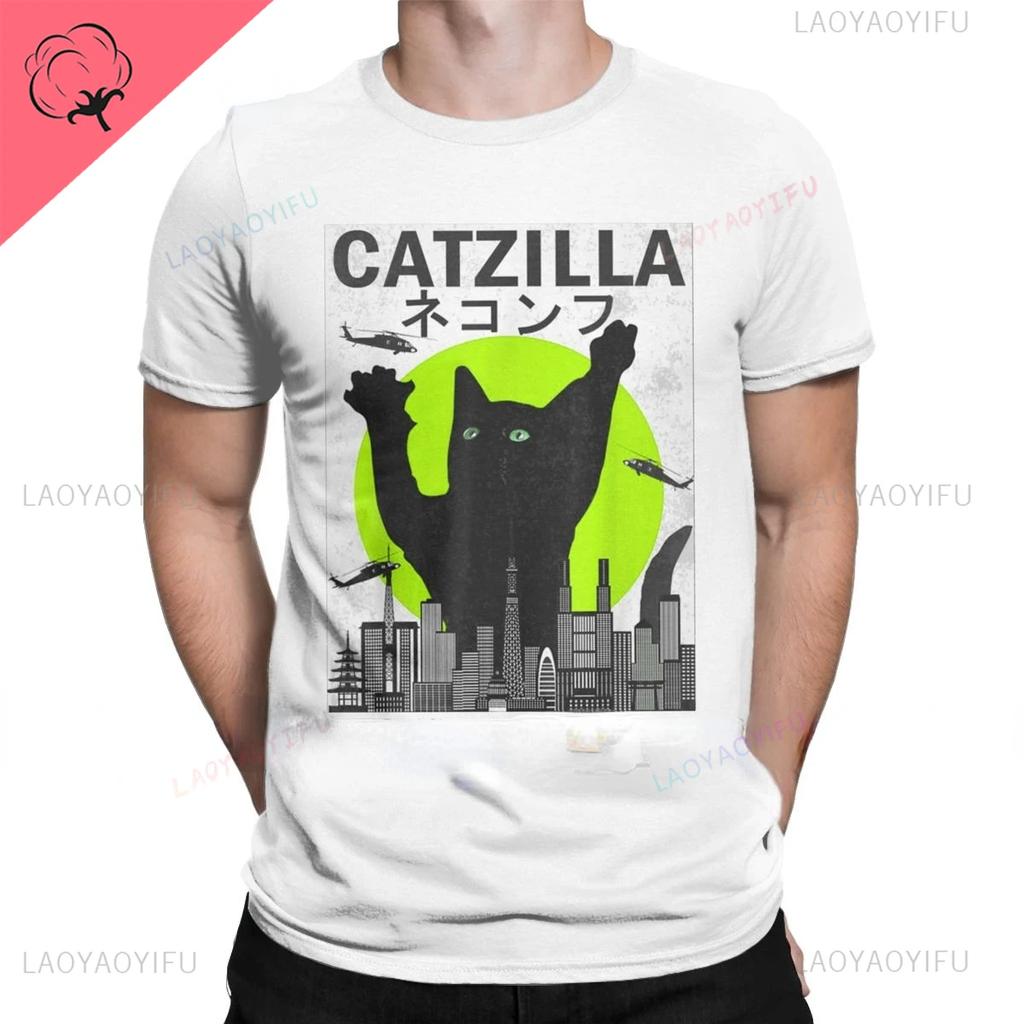 Vtipné Catzilla Japonsko Kočka Kotě Milovník Pánské Tričko Pánské Ležérní Trička Léto Hombre Nadměrné Tričko Harajuku Tričko Pánské Oblečení