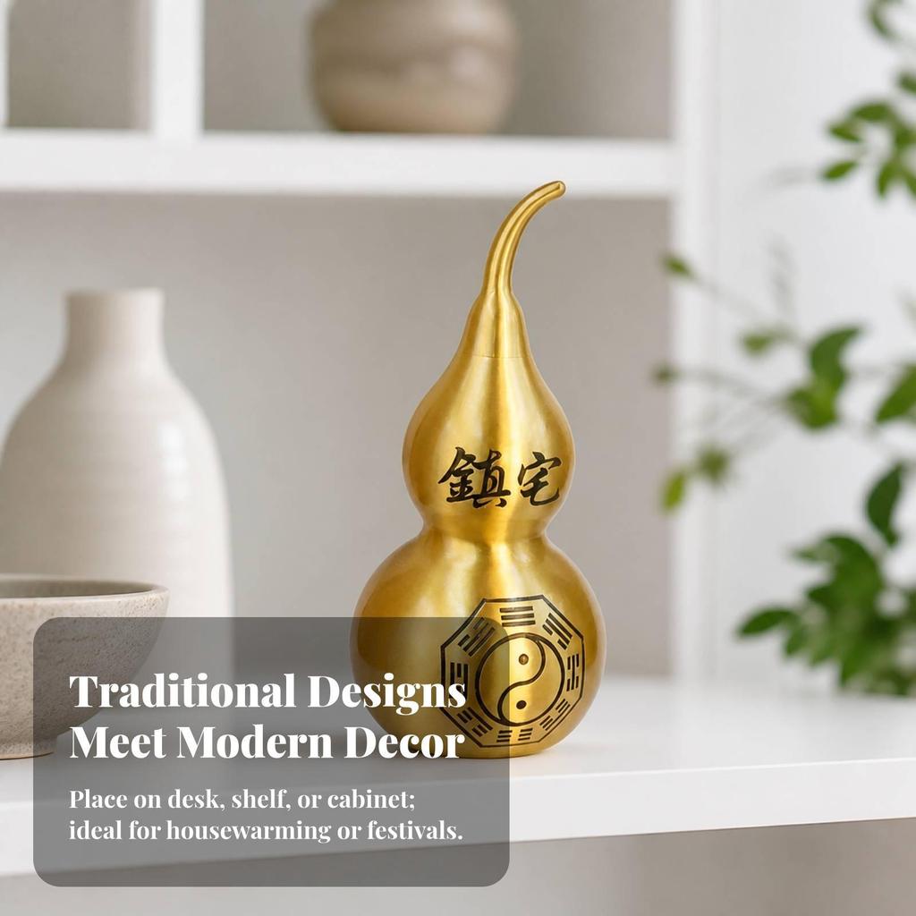 Feng Shui Brass Gourd with Bagua Symbol | DoubleLobed Shape, Calabash YinYang Motif, for