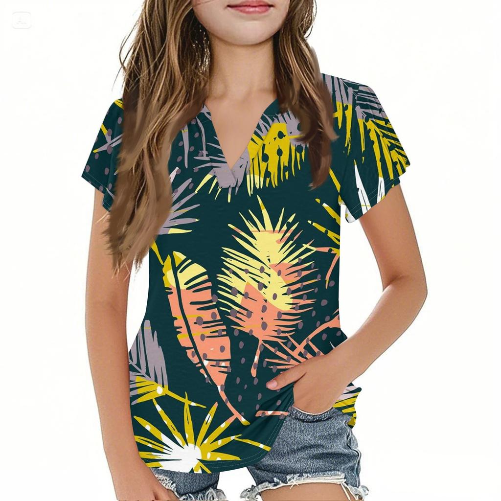 Summer Children's Casual Fashion Short-Sleeved V-Neck Hawaiian Girls' Top