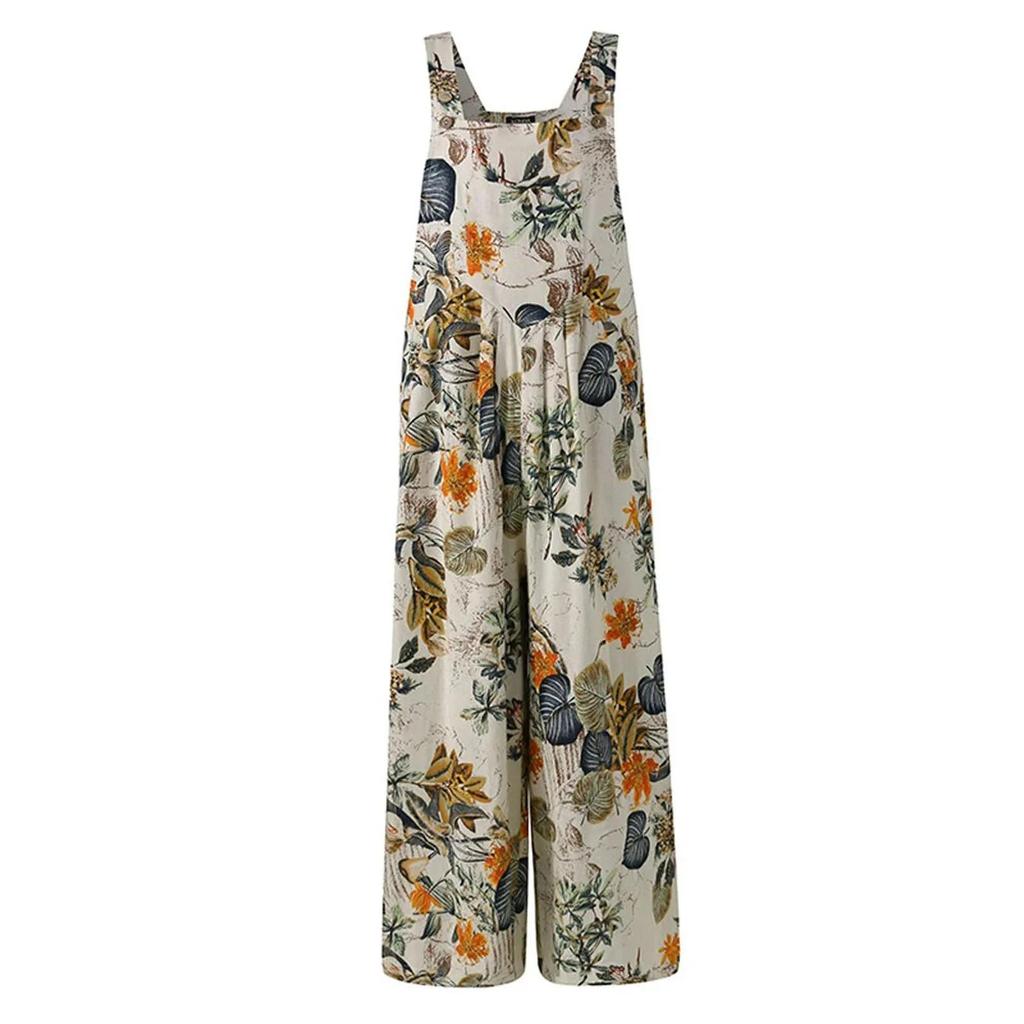 Women Ethnic Style Jumpsuits Summer Overalls Multicolor Square Neck Sleeveless Casual Rompers with Pockets for Girls Playsuit