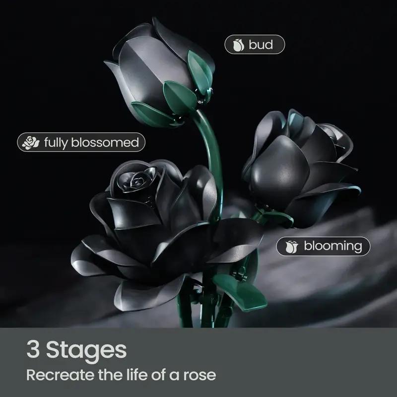New 12 PCS Black Rose Building Block Set Plant Bouquet High Quality Simulated Roses Flowers Gothic Decoration Mother's Day Gifts