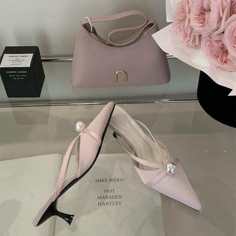 Fashion French Pointed Baotou Half Slippers Female 2025 Spring New Wear Temperament Pearl Thin Heel Soft Soled Moqin Shoes
