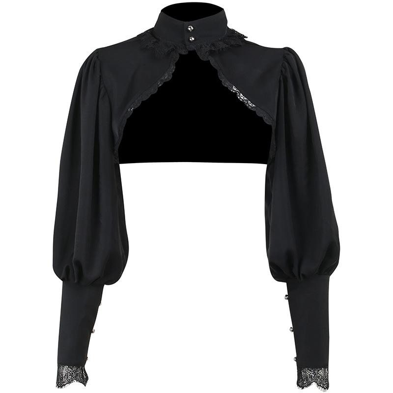 Temperamento Pizzo Avvolgente Senso del Design Stile Corte Oscura Tinta Unita Versatile Top Corto da Donna a Collo Alto con Marsupio