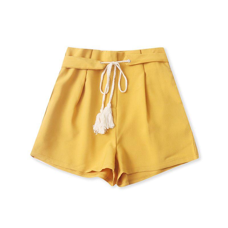 

Retro Lace-up Casual Shorts Summer New Versatile Fashion Loose Outer Wear Wide Leg Women Pocket Pants 18262 Yellow S