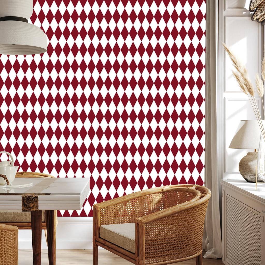 Harlequin Diamonds Wallpaper, Red and White, Red Background, 50x1000