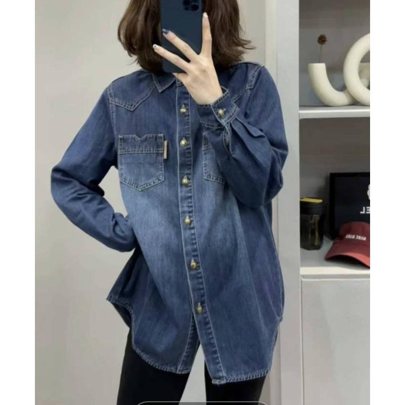 Casual Pocket Denim Blouse Loose Fit Fashion Shirt for Women Spring Fall Daily Outer Top