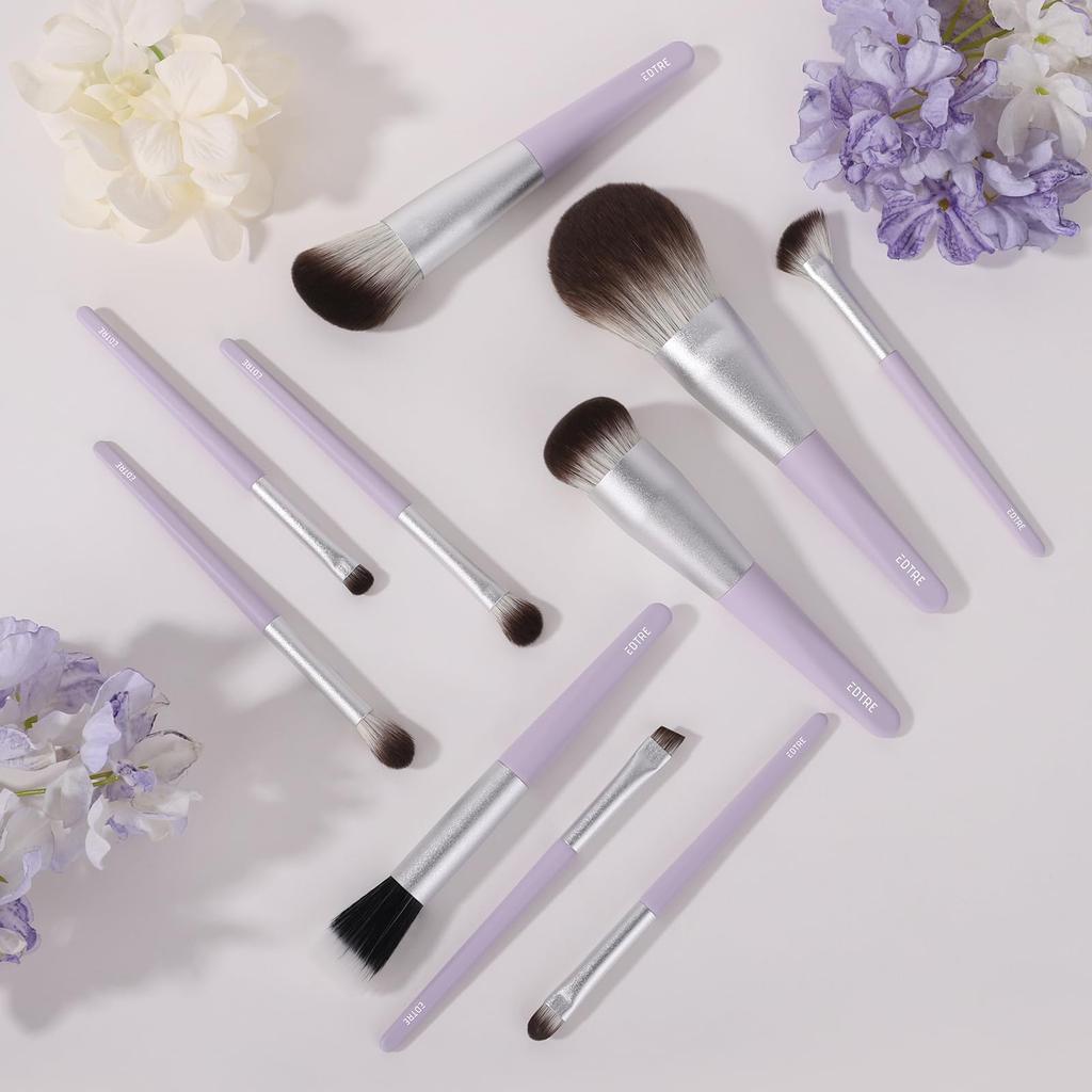 EDTRE Makeup Brush Popular and Neither Too Hard Nor Too Makeup Brush Set with PU Leather Pouch and Multifunctional Makeup Sponge Puff 10-Piece Set,