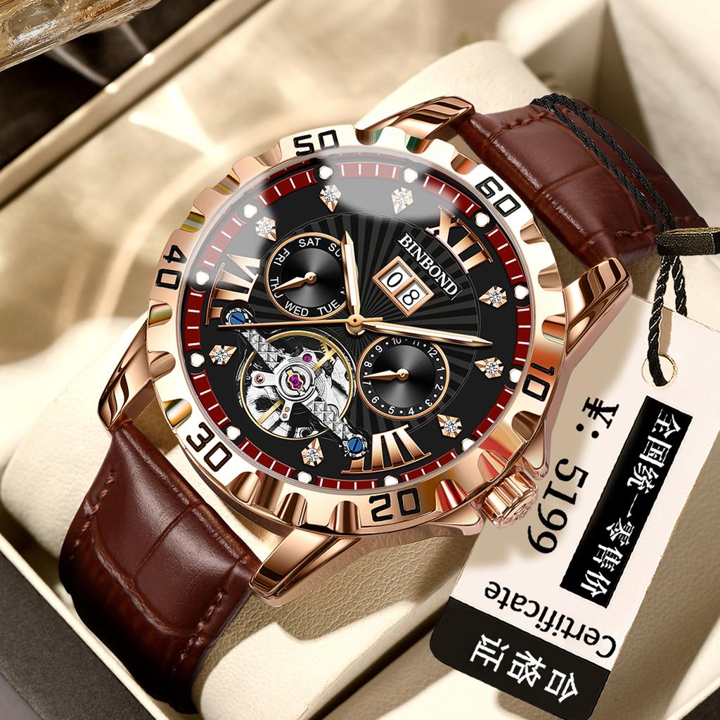 BINBOND Luminous Waterproof Men's Watch Auto Date Business Reloj Automatic Tourbillon Mechanical Wristwatches For Men Luxury