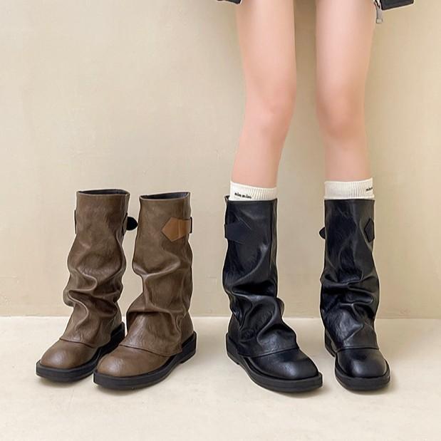 2025 retro belt buckle trousers women's western cowboy boots autumn and winter knee-high fashion boots