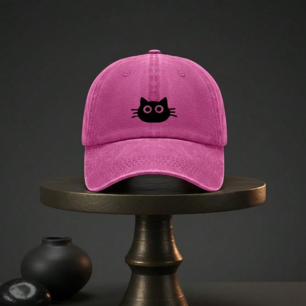 Cute Cat Face Print Baseball Cap - Unisex Adjustable Lightweight Breathable Dark Grey Casual Outdoor Sports Hat For Daily Wear, Minimalist Streetwear