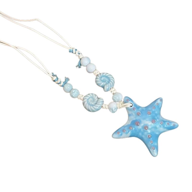 Stylish Ocean Themed Beaded Necklace With Starfish And Shell Charm Collarbone Chain For Summer Fashion Accessory небесно-голубой