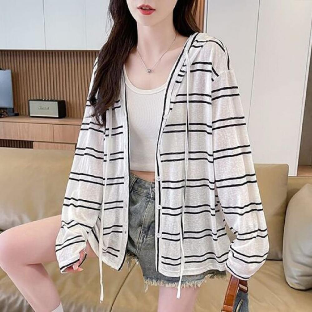 Navava Women Daily Uv Stripe Long Sleeve Hoodie Outer Nc488