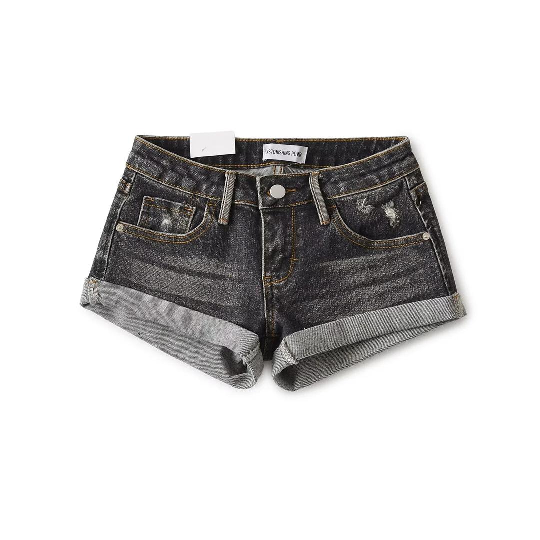 

Niche low-rise denim straight super shorts women s design pants curled cat whisker Spice girl hip-wrapped hot pants tide L чорний