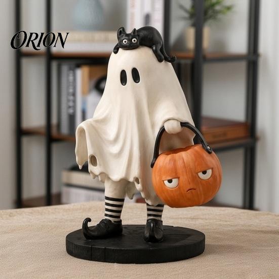 Halloween Resin Ornament Cute Ghost Statue, Black Cat Holding Pumpkin Bucket Ornament, Whimsical Home Accessories Figurine for Holiday Party