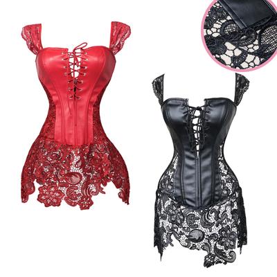 Women's Gothic Faux Leather Bustier Overbust Corset Lace Skirt Fancy Dresses Costume