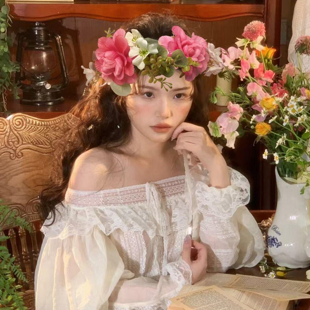 Boho Fluffy Flower Headdress Gradient Sweet Flower Crown Artificial Flower Headband Weddings