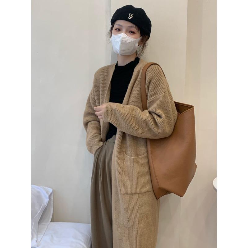 

Осень-зима Новый женский модный повседневный вязаный кардиган корейский стиль свободный однотонный кожаный сращивающийся длинный рукав свитер One size коричневый