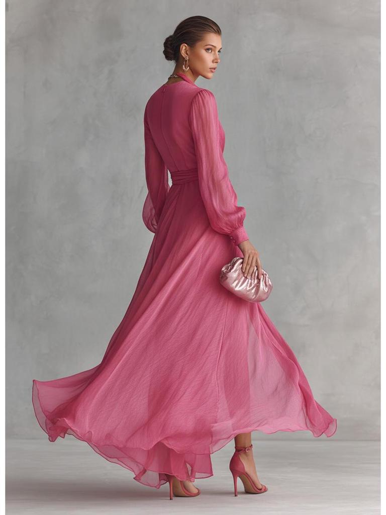 Spring 2026 Women's Elegant V-Neck Tie-Waist Chiffon Dress