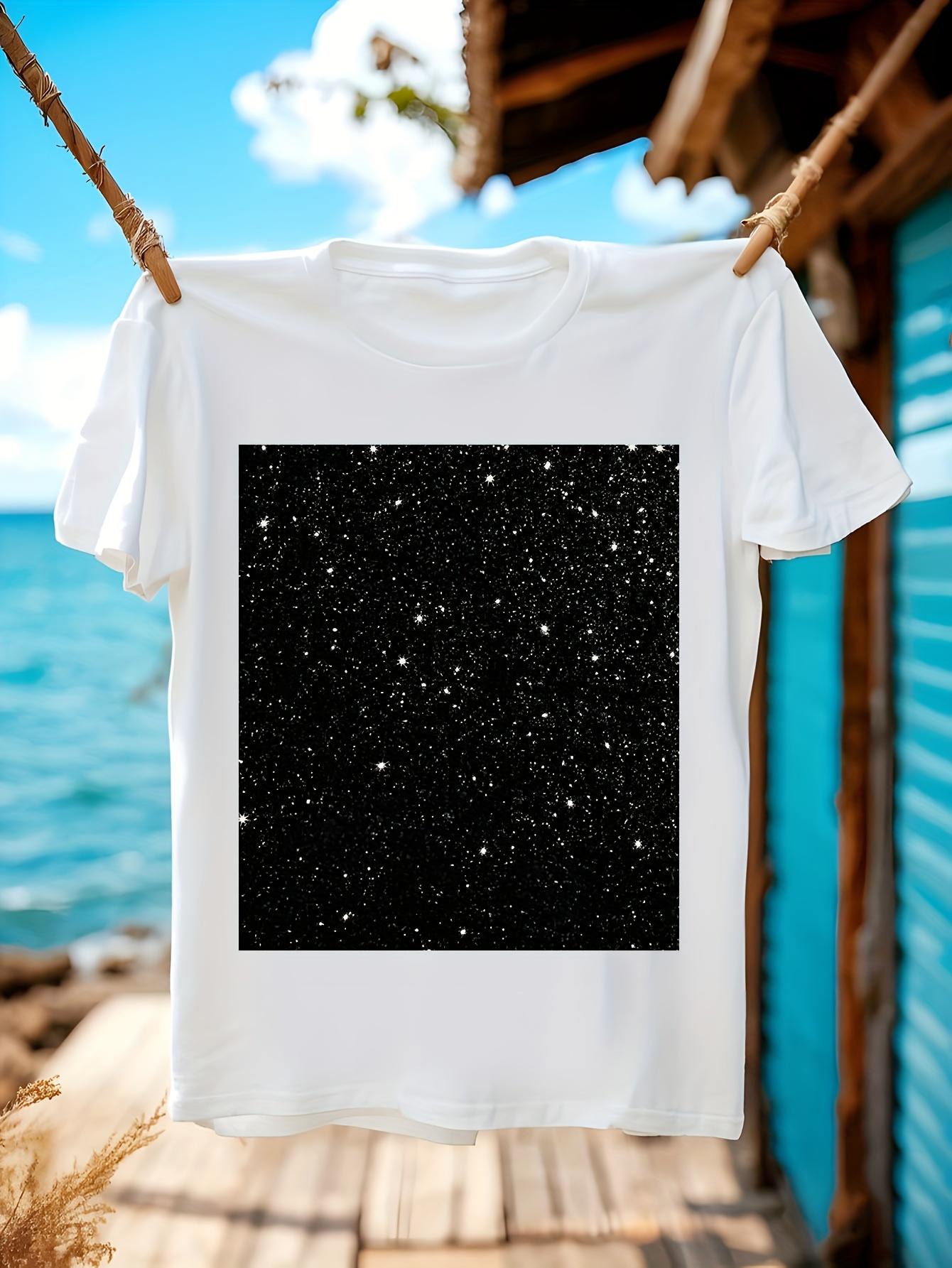 Black Cotton Crew Neck Tshirt with Glitter Night Sky Prin... XXL