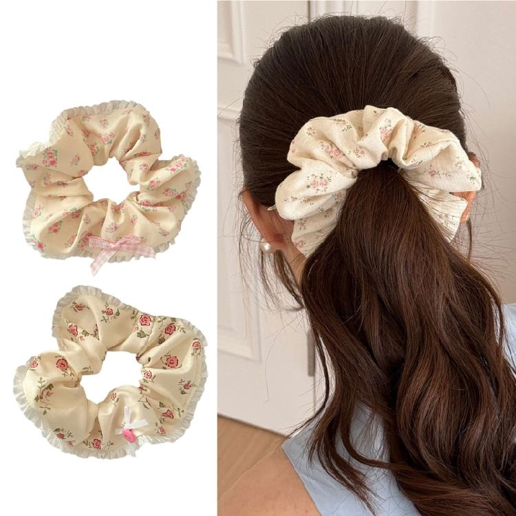 Lace Trimmed Floral Hair Scrunchy Hair Decors Stretchy Soft Fabric Ponytail Holder for Women Girls Various Hairstyles