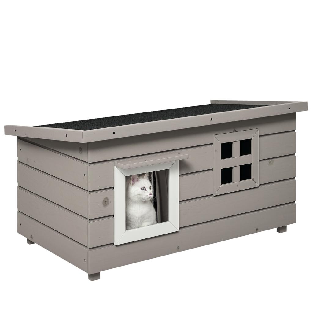 Wooden Outdoor Cat House, Elevated Cat Shelter Kennel, Pet Play House with Openable Top, Asphalt Roof, Window, Grey