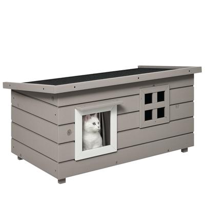 Wooden Outdoor Cat House, Elevated Cat Shelter Kennel, Pet Play House with Openable Top, Asphalt Roof, Window, Grey