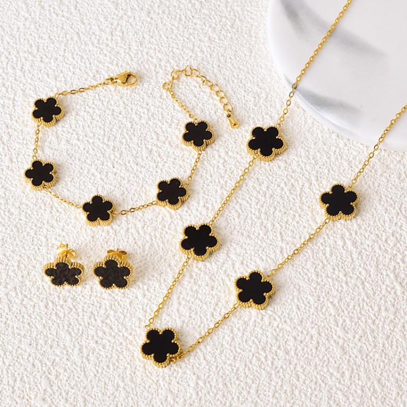 Double-Sided Lucky Clover Titanium Steel Necklace Earring Set Women Minimalist Fashion Daily Wear